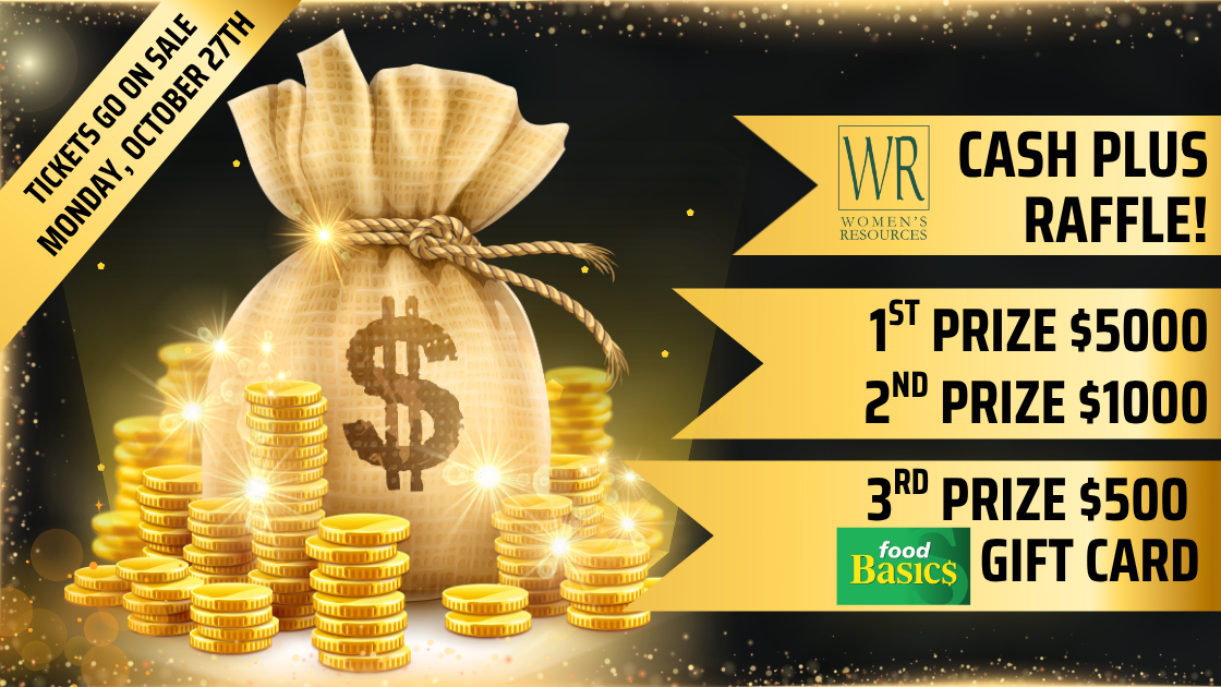An ad for the Cash Plus Raffle with dteails about the raffle and a bag of money sitting amongst gold coins